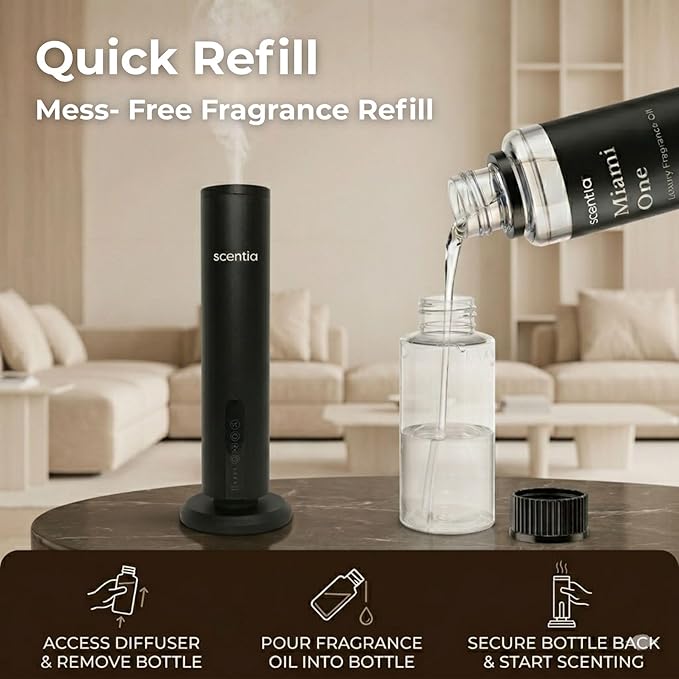 Scentia Wireless Waterless Hotel Scent Diffuser | Includes Premium USA-Made Oil Blend | App Controlled, Cordless | Home, Office, Spa, Aromatherapy | Covers 1500 Sq Ft | 72 Hrs in 1 Charging | Black