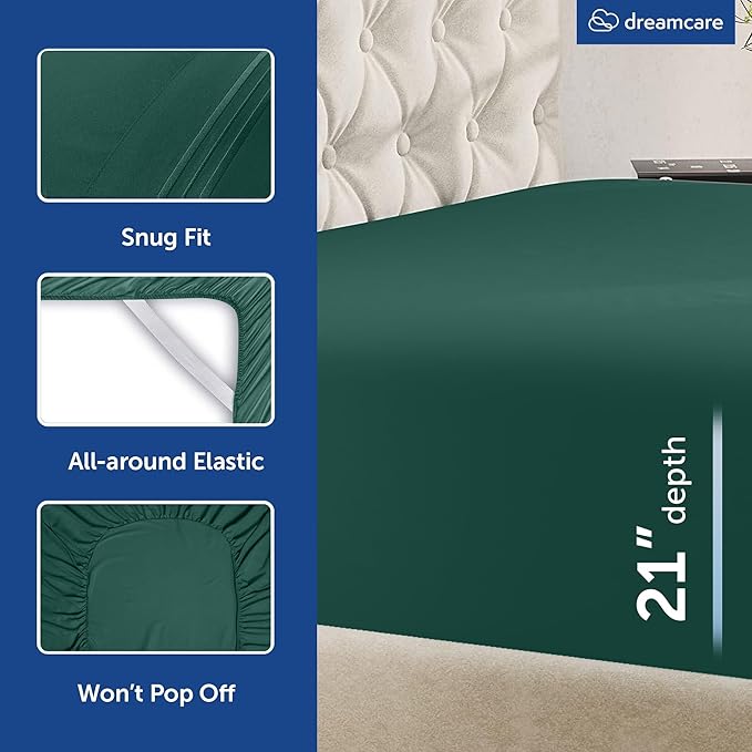 DREAMCARE King Size Sheets Set - 6 pcs Breathable Cooling Bed Sheets - up to 21" Extra Deep Pocket King Sheet Set with Side Pockets Extra Soft 100% Brushed Hypoallergenic Hotel Luxury Bedding -E Green