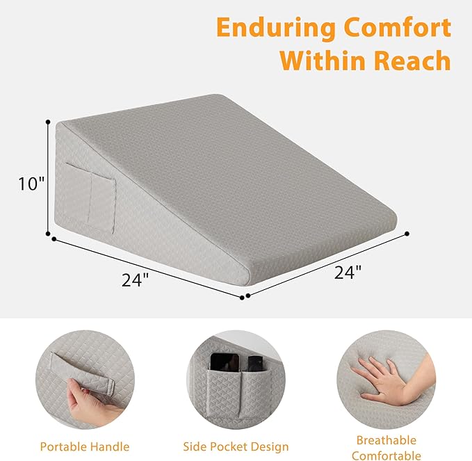 Ruqmuis Wedge Pillow for Sleeping, 10" Bed Wedges Pillow for Headboard, Triangle Incline Wedge for Acid Reflux, Pillows Wedge for Back Pain Relief, Elevated Leg Pillows After Surgery, Snoring, Grey