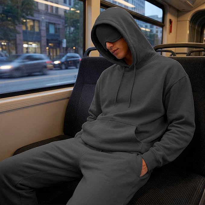 Ainangua Mens Oversized Pullover Essentials Hoodie with Eye Mask Built In Comfor Airplane Mode Travel Sleep Wearable Blanket