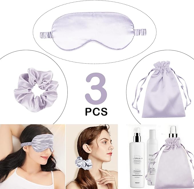 3Pcs Satin Eye Mask Silk Sleep Masks Set Silky Blindfold Eyeshade Blackout Eyes Cover Pouches Bag Scrunchy Wedding Gift