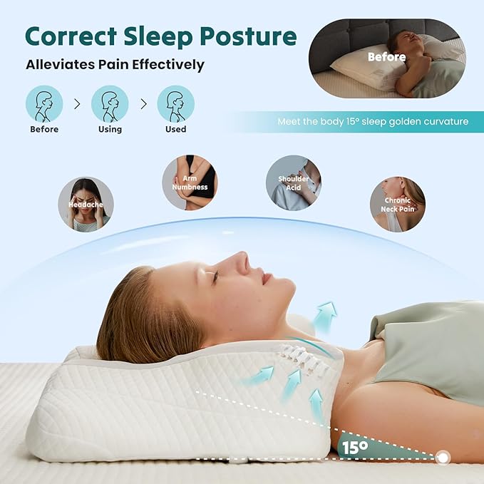 Sweetcrispy 2 Pack Cooling Ergonomic Memory Foam Cervical Pillow for Neck and Shoulder, Orthopedic Neck Support for Back Stomach Sleepers, Contour Side Sleeper for Adults, Queen, Grey