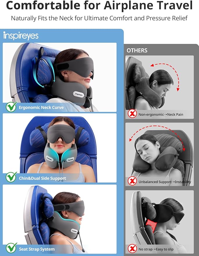 Inspireyes Neck Pillow, Travel Pillow with Seat Strap, 3D Sleep Mask, Dual Support Neck and Head, High Supportive Foam Airplane Pillow for Long Flight Road Trip, Stop Bobblehead Travel Essential, Grey