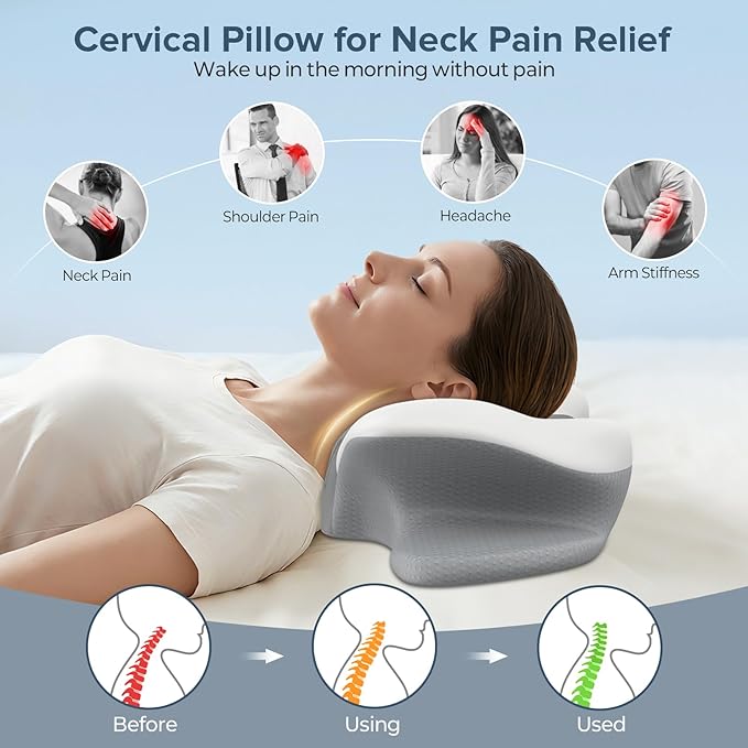 beslovo Cervical Neck Pillow for Pain Relief, Ergonomic Side Sleeper Pillow for Sleeping, Orthopedic Neck Support Contour Memory Foam Pillow for Side Back Stomach Sleepers, Ideal for Office & Travel