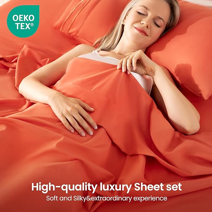 ROSE&RISY Orange Red Queen Sheet Set, 4 Pieces Soft Bedding Queen Sheet Set, Breathable and Cooling Sheet Bed Set,Includes 1 Fitted, 1 Flat, 2 Pillow Cases - Deep Pocket (Orange Red, Queen Size)