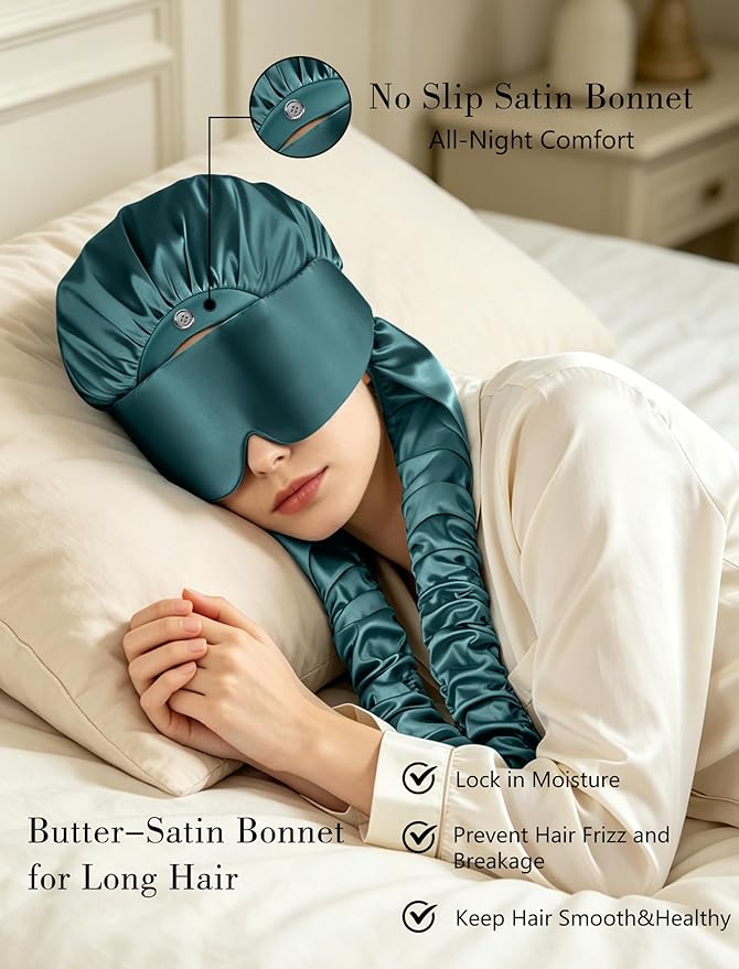 Satin Bonnet for Sleeping with Eye Mask，No Slip Sleep Bonnet with Long Curling Ribbons for Braids & Long Hair