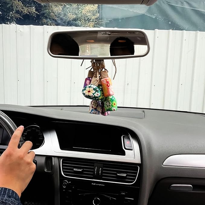 10 PCS Car Air Freshener 8ml Polymer Clay Empty Glass Bottle with Wooden Cap& Rope, Essential Oil Diffuser Perfume Aromatherapy Pendant for Auto Interior Decoration Fragrance Ornament - Random