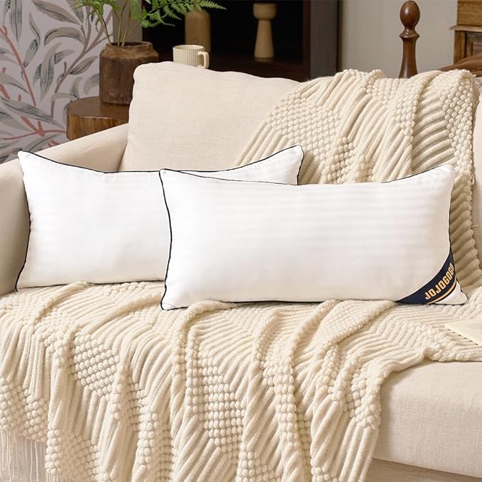 JOJOGOGO 12x20 Indoor Lumbar Pillow Inserts Set of 2, 12 x 20 White Fluffy Decorative Toss Pillows for Couch Patio Sofa and Indoor Decor Synthetic Down Alternative Throw Pillow Inserts