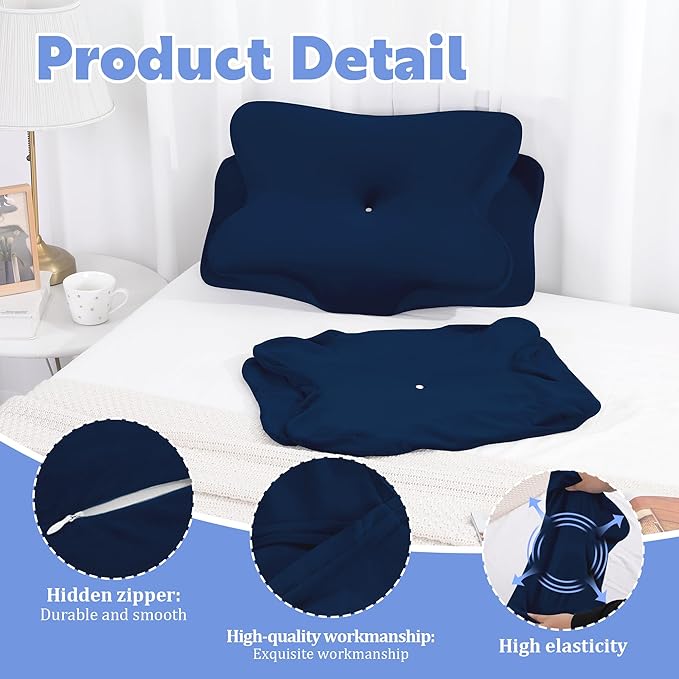 BALAPET 2 Pcs Velvet Cervical Neck Pillow Case, Soft Elasticity Pillowcase for Ergonomic Cervical Neck Pillow,Fuzzy Warm Flannel Pillow Cases with Zipper, Cover Only(Navy Blue)