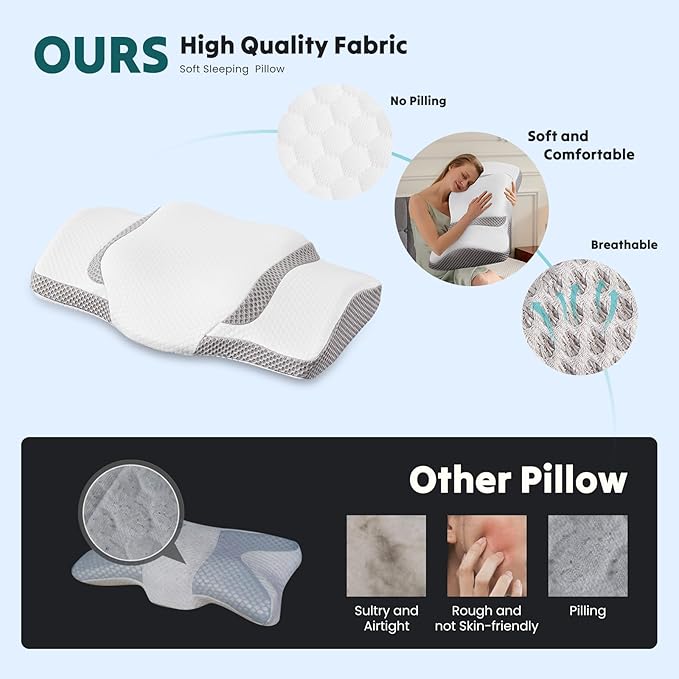 NEWBULIG Cervical Neck Pillow - Ergonomic Memory Foam Pillow for Neck Pain Relief, Contour Orthopedic Bed Pillow for Side, Back & Stomach Sleepers with Neck Support, 26.51" Lx15.1 W, White & Grey