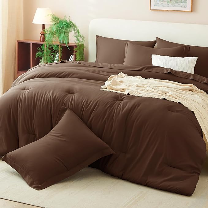 CozyLux Oversized Queen Comforter Set Brown, 7 Pieces Bed in a Bag Comforter Set with Sheets, Luxury Soft Bedding Sets with Down Alternative Comforter, Fitted Sheet, Flat Sheet, Pillowcases & Shams