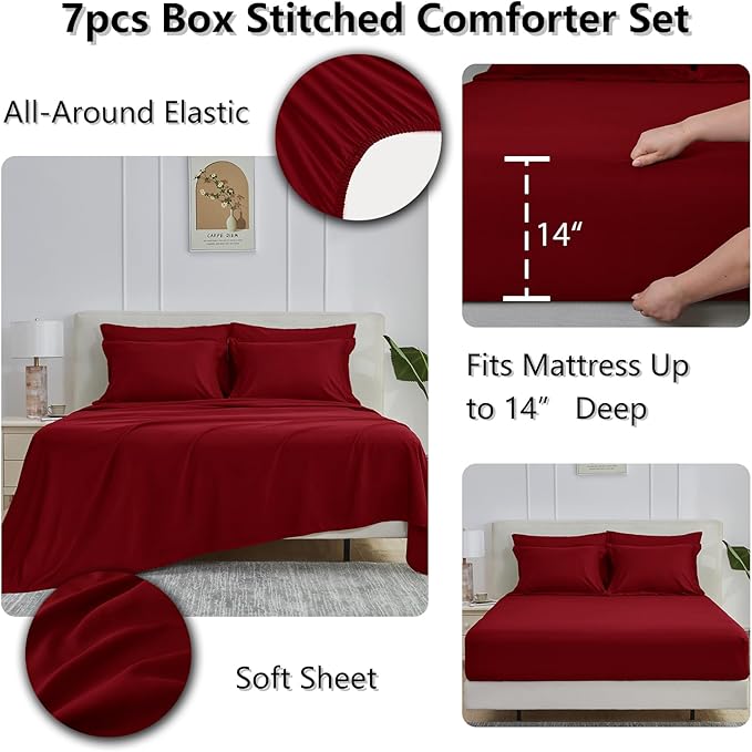 CozyLux King Size Comforter Set Dark Red - 7 Pieces Bed in a Bag King, Okeo-Tex Certifited Bedding Set, All Season Soft Bed Set with Down Alternative Comforter, Sheets, Pillowcases & Pillow Shams
