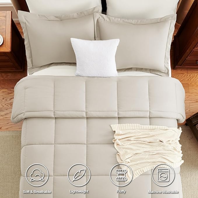 CozyLux Queen Size Comforter Sets Beige - 3 Pieces Box Stitched Queen Bed Set for All Seasons, Soft Lightweight Bedding Sets with 1 Down Alternative Comforter and 2 Pillow Shams