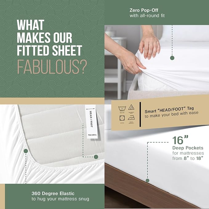 TEXAS LINEN CO. 100% Organic Cotton Percale Sheets - California King Size, 4 Piece Set, Crisp, Cooling, 16" Deep Pocket - Ivory