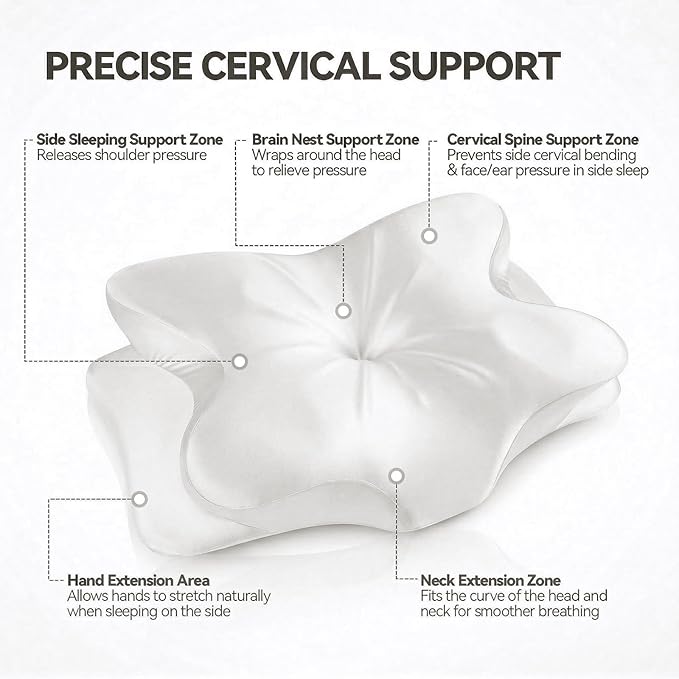 Cervical Neck Pillow for Neck Pain Relief,Ergonomic Memory Foam Contour Pillow with Wrinkle-Resistant Silky Satin Fabric Cover,Orthopedic Bed Pillow for Side,Back,Stomach Sleepers,White