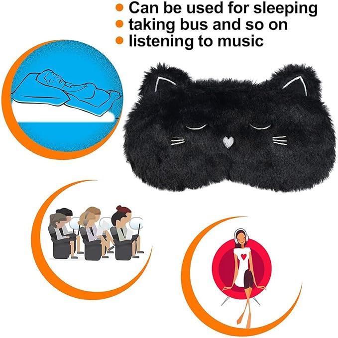 Cute Sleeping Mask, Black Cat Soft Plush Fluffy Sleep Mask Men Cartoon Kittens Blindfold Novelty Eye Cover Eyeshade Shade for Kids Girls and Adult Travel (Black, Cat)