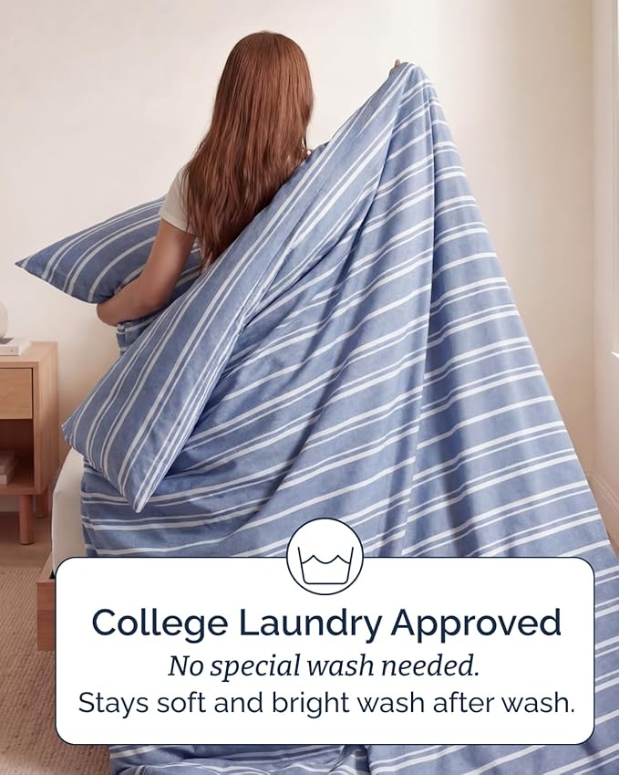 Duvet Cover Twin/Twin XL Size Set - Extra Soft Twin/Twin XL Duvet Cover 68" x 90" with 1 Pillow Sham - Hotel Luxury, Easy Care, Fade Free w/ Zipper Closures & Ties - Comfy & Breathable (Blue Stripes)