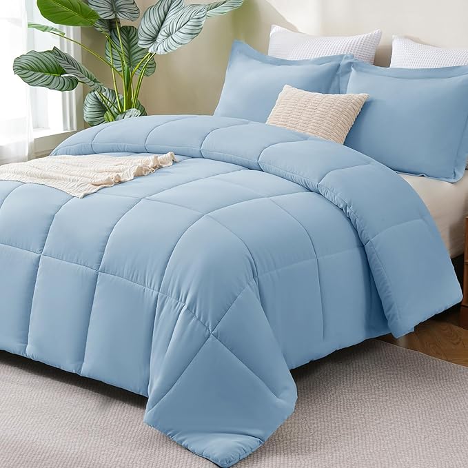 CozyLux Oversized King Comforter Set, 3 Pieces Baby Blue 120x98 Box Stitched Design Soft Bedding Set, All Season Lightweight Breathable Bed Set with 1 Down Alternative Comforter and 2 Pillow Shams