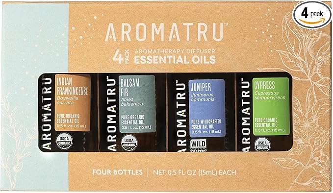 AromaTru Elevate Essential Oil Kit – Indian Frankincense, Balsam Fir, Juniper, and Cypress – Organic & Wildcrafted – ISO Certified – No Synthetic Fillers – Ethically Sourced
