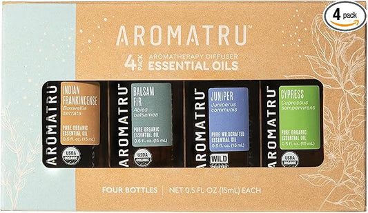 AromaTru Elevate Essential Oil Kit – Indian Frankincense, Balsam Fir, Juniper, and Cypress – Organic & Wildcrafted – ISO Certified – No Synthetic Fillers – Ethically Sourced