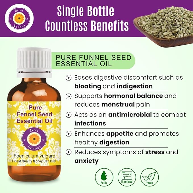 Deve Herbes Pure Fennel Seed Essential Oil (Foeniculum vulgare) Steam Distilled 100ml (3.38 oz)