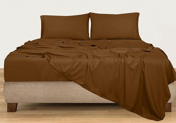 ROYALE LINENS 300 Thread Count 100% Long Staple Combed Cotton Sheet Set - 3 Piece Twin Bed Sheets - 1 Fitted, 1 Flat & Pillow case -Soft Cool & Crisp Sheet Set (Twin, Chocolate)