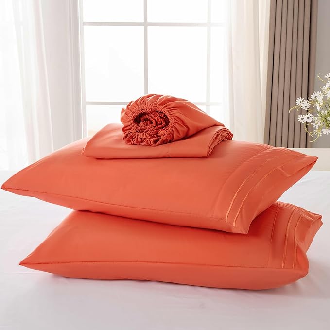 ROSE&RISY Orange Twin Sheet Set, 3 Pieces Soft Bedding Sheet Set, Breathable and Cooling,Includes 1 Fitted, 1 Flat, 1 Pillow Case - Deep Pocket (Orange Red, Twin)
