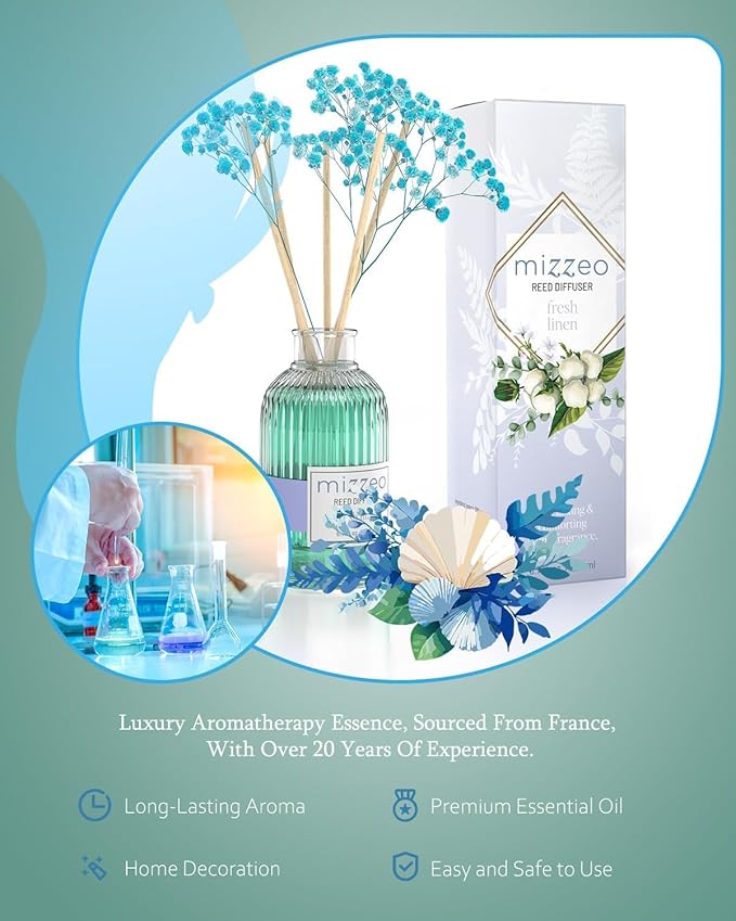 Reed Diffuser Set, Fresh Linen 6.76 fl oz Highly Scented Room Diffuser Home Fragrance Essential Oil Reed Flower Diffuser, House Bedroom Office Decor & Gifts