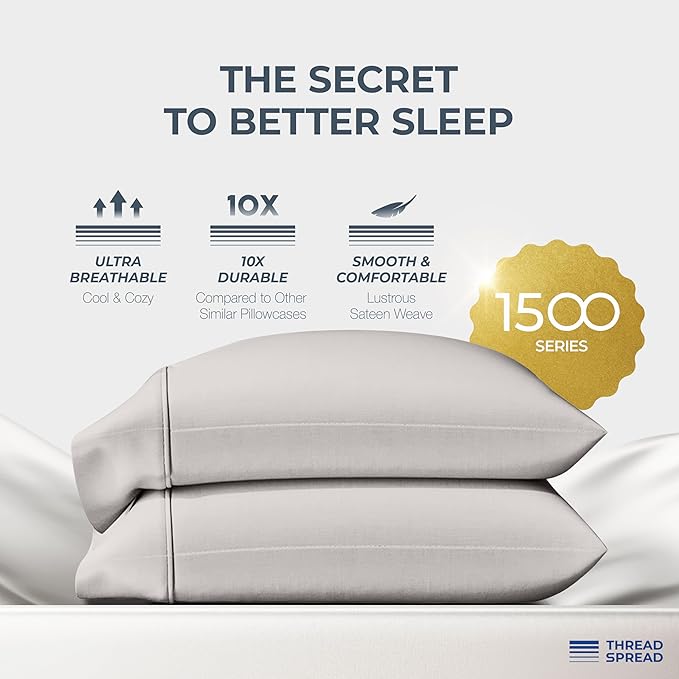 THREAD SPREAD 100% Egyptian Cotton King Size Pillow Cases Set of 2 - Luxury 1500 Series Pillow Cases King Size (Light Grey), Soft Cooling Envelope Closure Hotel Quality Egyptian Cotton Pillowcases