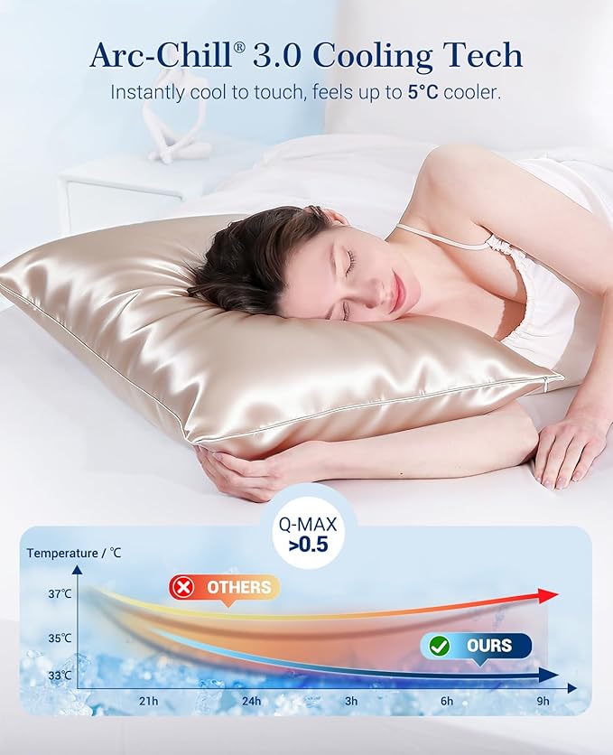 Elegear Cooling Pillow Cases Set of 2 for Hot Sleepers, Softer Than Silk Pillow Cases for Hair & Skin,Upgraded Arc-Chill Cooling Satin Pillowcases Q-max>0.5, Luxury Zipper Pillowcase-Queen,Champagne