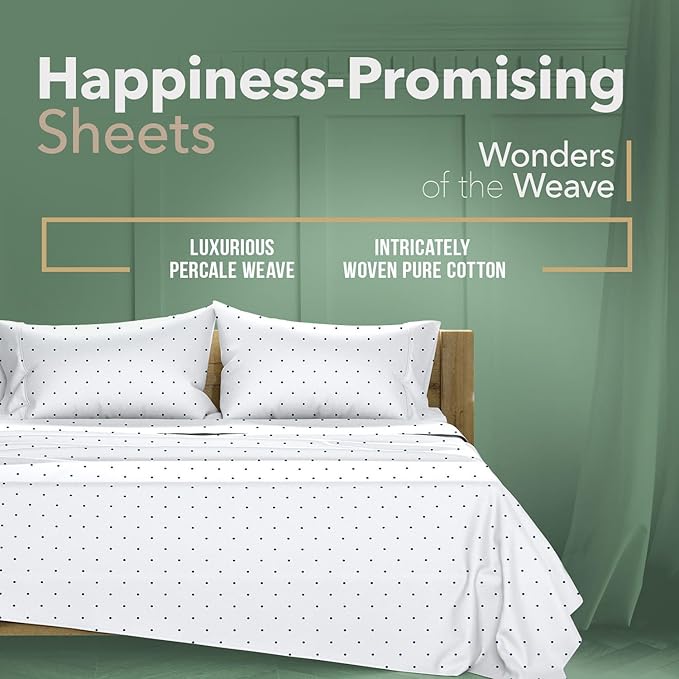 TEXAS LINEN CO. 100% Organic Cotton Printed Sheets Twin XL Size - 3 PC Organic Cotton Percale Sheets Twin XL (Polka Dot - Navy), Cooling Sheet for Dorm Room, 16" Deep Pocket - GOTS Certified