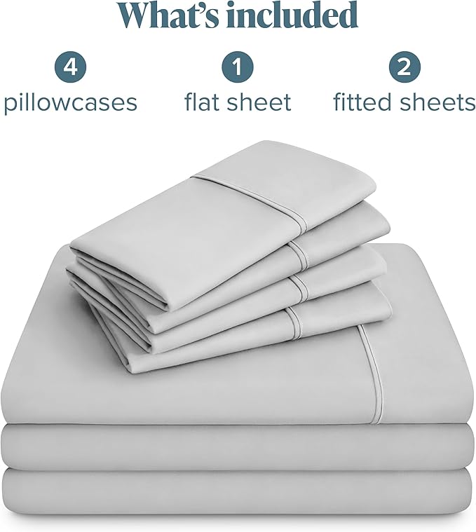 Bare Home Hotel Luxury Split King Sheet Set, Extra Soft, 7 Piece Set, Deep Pockets, Easy Fit, Cooling & Breathable, Wrinkle, Fade, Stain Resistant, Includes 4 Pillowcases (Split King, Cloud Grey)