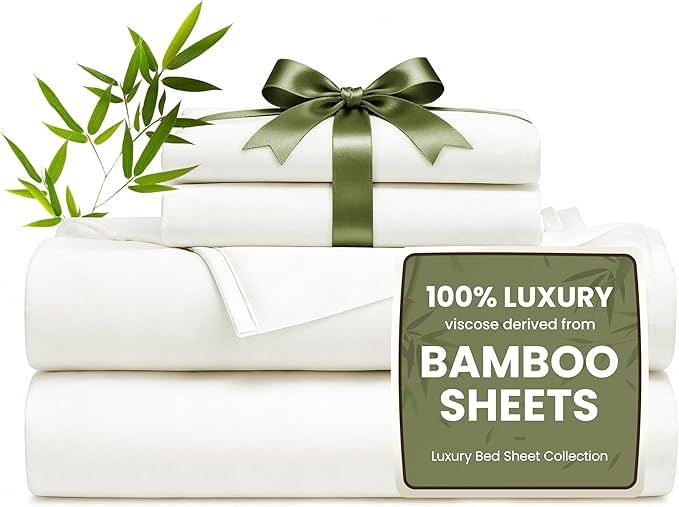 Love's cabin 4 Piece California King Size Sheet Set, 100% Rayon Derived from Bamboo, Cooling & Breathable, Soft Silky Deep Pocket up to 16", Hotel Luxury Bedding for Hot Sleepers, White