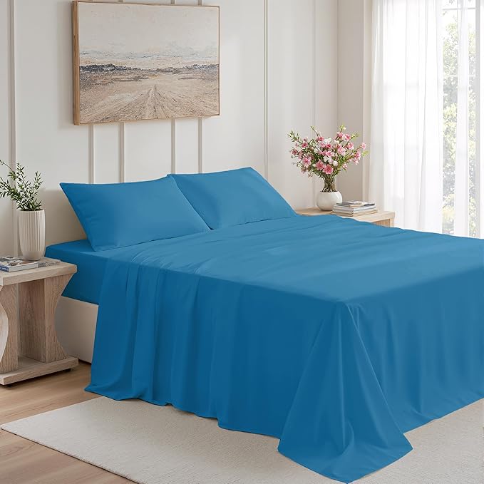Full Size 4 Piece Bed Sheet Set - Ultra Imitation Cotton-Premium Breathable & Cooling Sheets - Hotel Luxury Bed Sheets Deep Pocket up to 15"- Wrinkle, Fade, Stain Resistant (Denim Blue, Full)