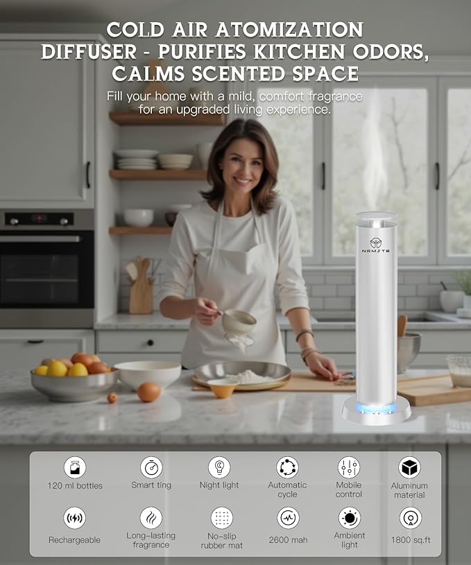Waterless Diffuser Starter Kit Wireless Scent Machine with LED Light – APP & Remote & Button Control, Home Aromatherapy Quiet Mist 1800 Sq Ft Coverage, Cold Air Essential Oil Diffusers (Silver)