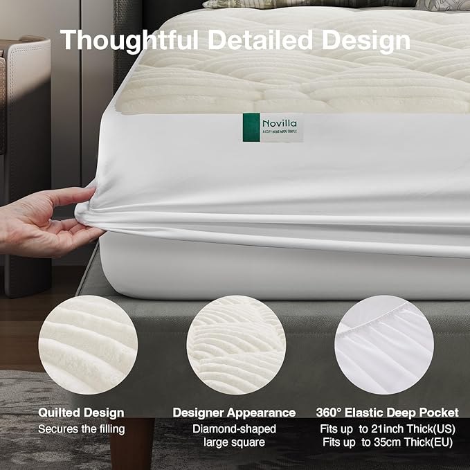 Novilla Fleece Mattress Topper King, Warm Sherpa Mattress Pad, Cloud-Like Soft Bed Cover for Winter, Deep Pocket fits up to 21", Machine Washable