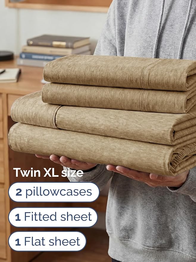 Extra Deep Twin XL Sheet Set - 4 Piece Breathable and Cooling Sheets - Hotel Luxury Bedding for Women, Men, Kids & Teens - Easy Secure Fit - Soft & Wrinkle Free - Extra Deep Pockets - Heathered Tan