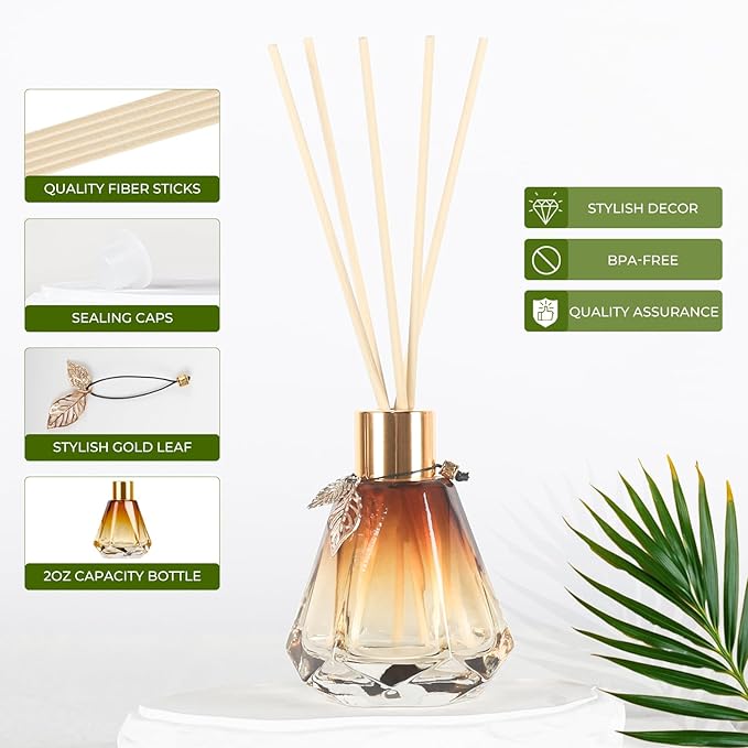 Reed Diffuser Set - 4 Empty Bottles with 20 Sticks, Delicate Gold Leaf Decor, Glass Fragrance Diffuser with Lids for Home, Bathroom | Refillable, Diamond Style (4 PCS Gold)