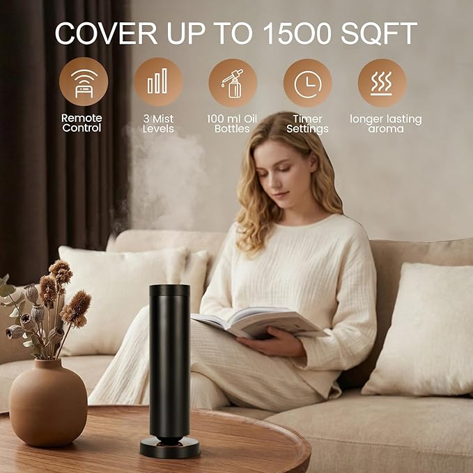 Waterless Diffuser, Cold Air Scent Diffuser with Night Light, Waterless Essential Oil Diffuser for Homes, Offices, Hotels - Covers 1000 Sq Ft - Black- Remote Control (Fragrance Not Included)