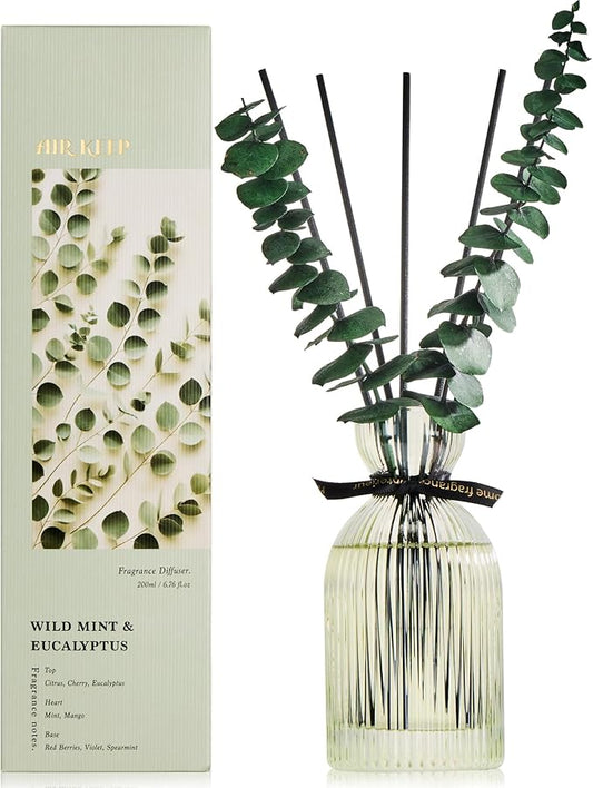 Airkeep Reed Diffuser Set 6.76 oz – Wild Mint & Eucalyptus Home Fragrance with Eucalyptus Sticks – Decorative Glass Bottle for Bathroom, Bedroom & Living Room Décor – Gift Ready