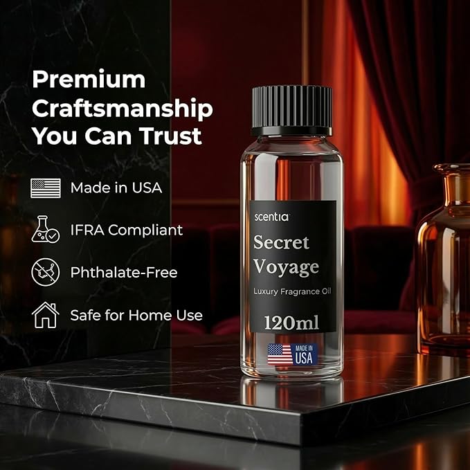 Scentia Secret Voyage Premium Amber Fragrance Oil for Diffusers – Luxury Warm Spicy Home Scent with Jasmine, Saffron, Cedar & Ambergris – Cold Air & HVAC Diffuser Oil Refill – 120 ml (4.06 fl oz)