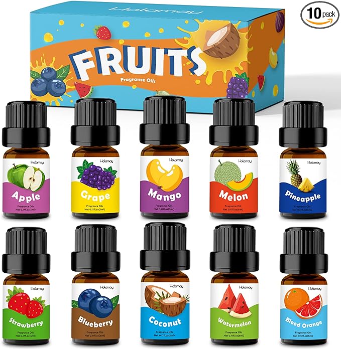 Fruity Fragrance Oil, Holamay Premium Fruit Essential Oils for Diffuser, Candle Soap Making Scents, 10x5ml, Coconut, Strawberry, Mango, Pineapple, More Home Diffusers Oil Scents, Summer Oils Gift Set