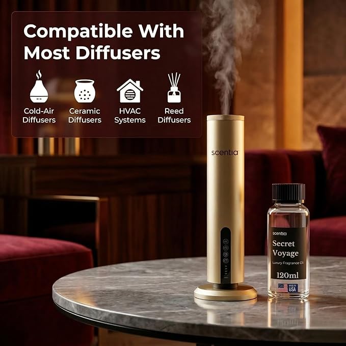Scentia Secret Voyage Premium Amber Fragrance Oil for Diffusers – Luxury Warm Spicy Home Scent with Jasmine, Saffron, Cedar & Ambergris – Cold Air & HVAC Diffuser Oil Refill – 120 ml (4.06 fl oz)