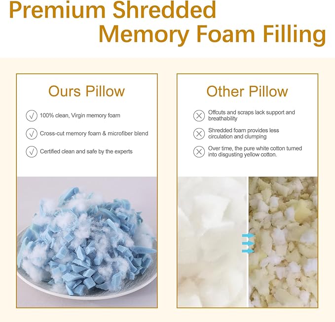 Shredded Memory Foam Bed Pillows Adjustable Hotel Quality Pillows for Side, Back and Stomach Sleeper, Breathable Washable Cover, Oeko-TEX Certified Queen Size Set of 2