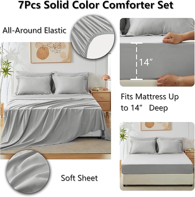 CozyLux King Size Comforter Set Light Grey, 7 Pieces Bed in a Bag King Comforter Set with Sheets, Light Gray Luxury Soft Bedding Sets with Down Alternative Comforter, Sheets, Pillowcases & Shams