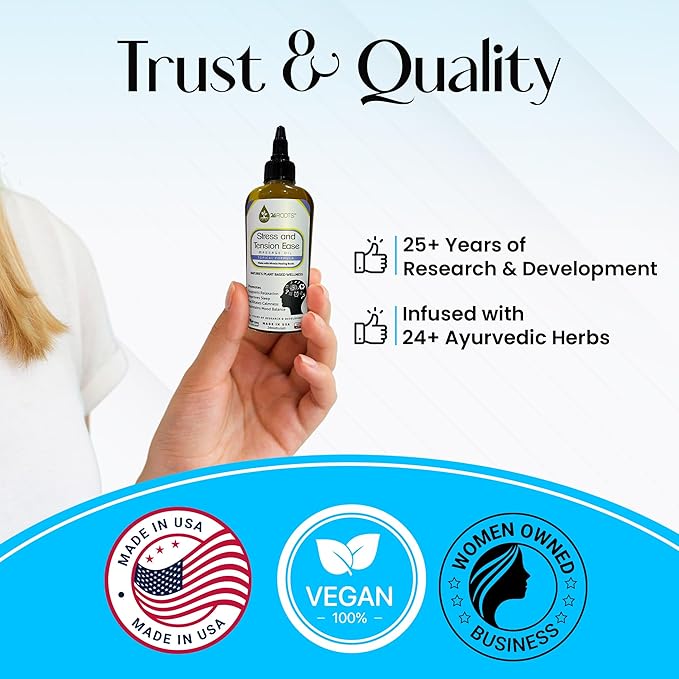 Plant Based Stress and Tension Ease Massage Oil - Supports Relaxation, Helps with Sleep, Aids in Calmness, and Helps Mood Balance - 24+ AYURVEDIC Herbs - 100% Vegan (4 Fl Oz/120 ML)