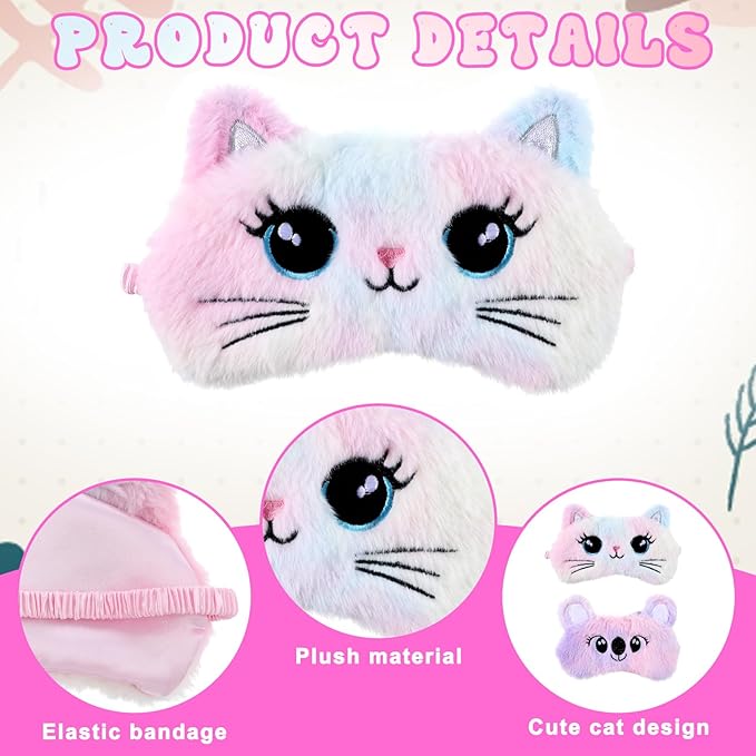 Kids Sleep Mask, 2 Pcs Cute Plush Cat Sleeping Mask for Women Soft Colorful Girls Sleep Masks Comfortable Funny Animal Sleeping Eye Cover for Women Home Travel Gift (Cat, Koala)