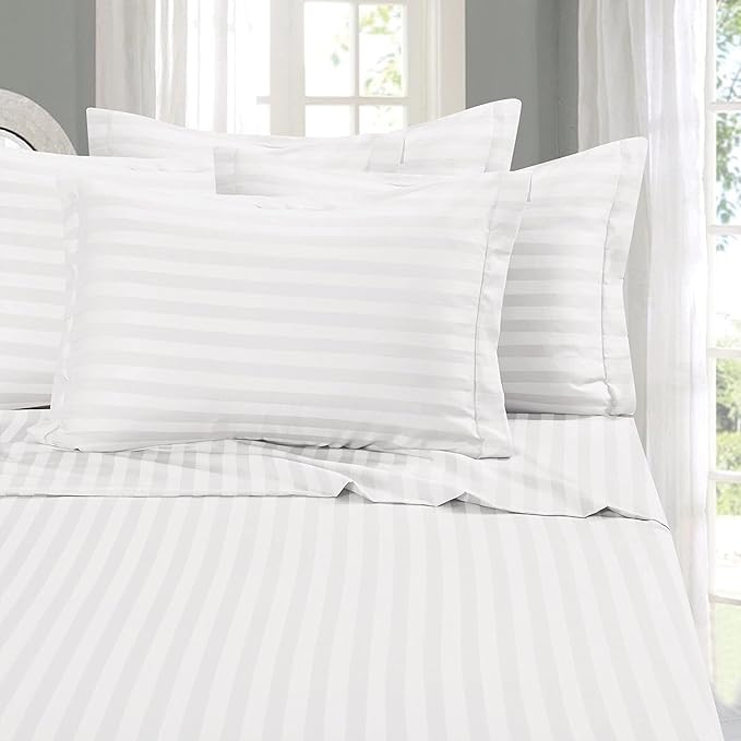 Elegant Comfort Softest and Coziest 4-Piece Sheet Set - 1500 Premium Hotel Quality Microfiber - Luxurious Wrinkle Resistant 4-Piece Damask Stripe Bed Sheet Set, Twin, White