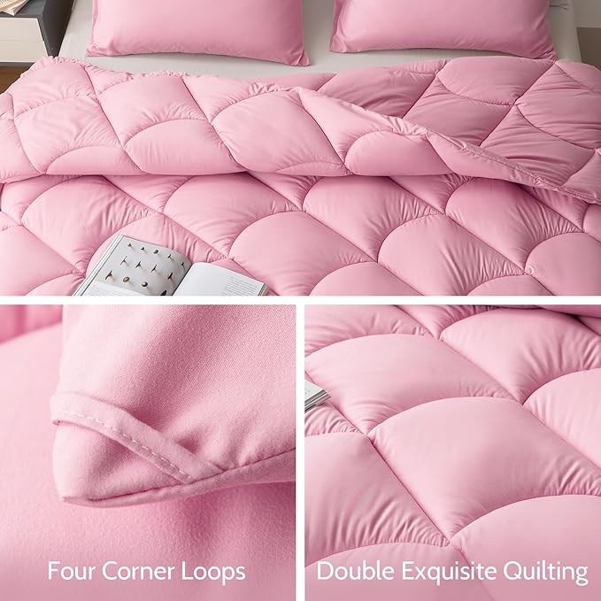Decroom Lightweight Queen Comforter Set with 2 Pillow Sham - 3 Pieces Set - Quilted Down Alternative Comforter/Duvet Insert for All Season - Pink - Queen Size