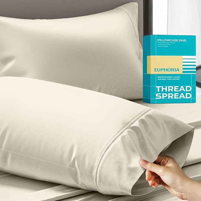Thread Spread 100% Egyptian Cotton Queen Pillow Cases Set of 2 - Luxury 800 Series Euphoria Collection Queen Pillow Cases (Ivory), Soft Cooling Hotel Cotton Pillowcases, Fits Standard Pillows